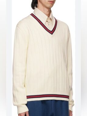 Men's Gucci, cotton knit V-neck sweater with web trim and interlocking G logo L